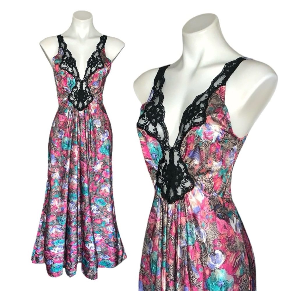 v i n t a g e :: Floral Satin Lace Slip Dress Sweep Chemise Nightgown